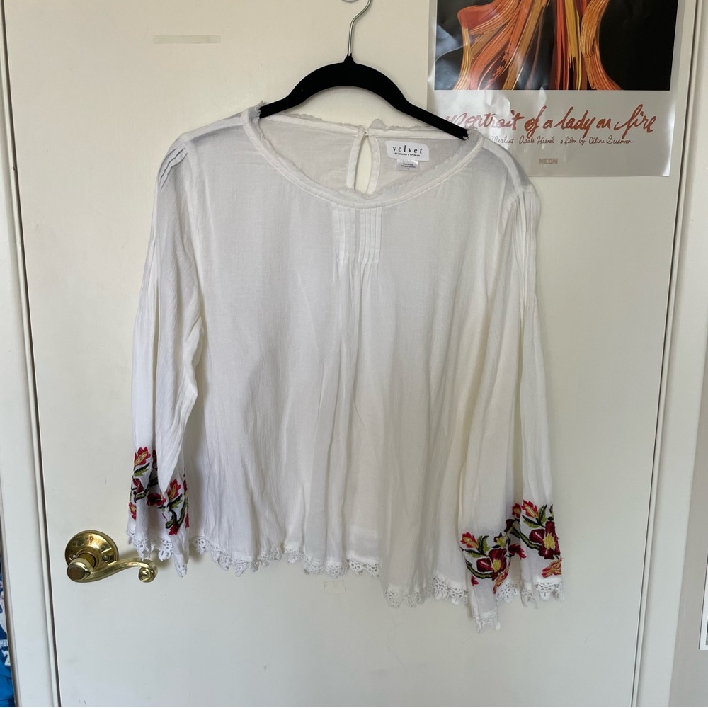 Velvet White Blouse with Red Floral Embroidery